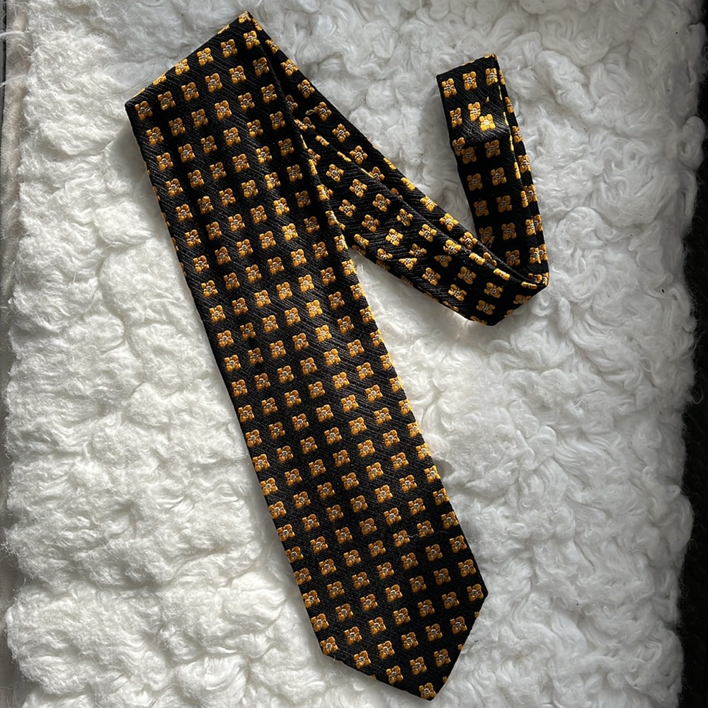 KENZO HOMME Black Geometric Floral 100% Silk Tie Made in Italy